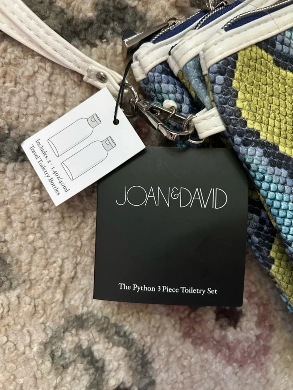 NWT Joan & David Teal Snake-Print 3 piece Toiletry Set